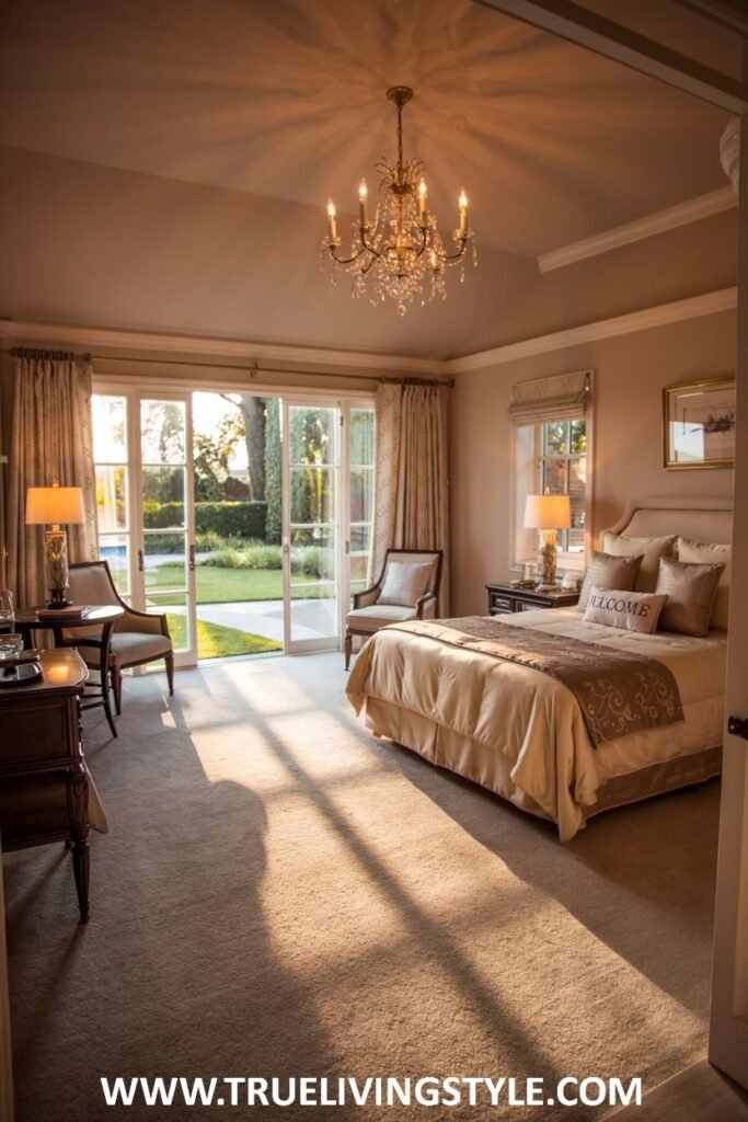 Sunny guest bedroom with outdoor access, light and airy window treatments, comfortable seating options inside and outside, and a color palette reflecting the natural surroundings.