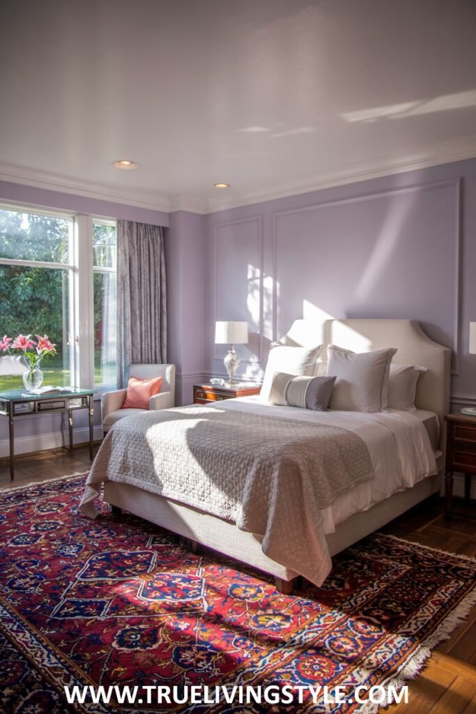 Relaxing lavender guest bedroom with lavender walls and accents, soft bedding with many pillows, a plush area rug, and soft lighting.