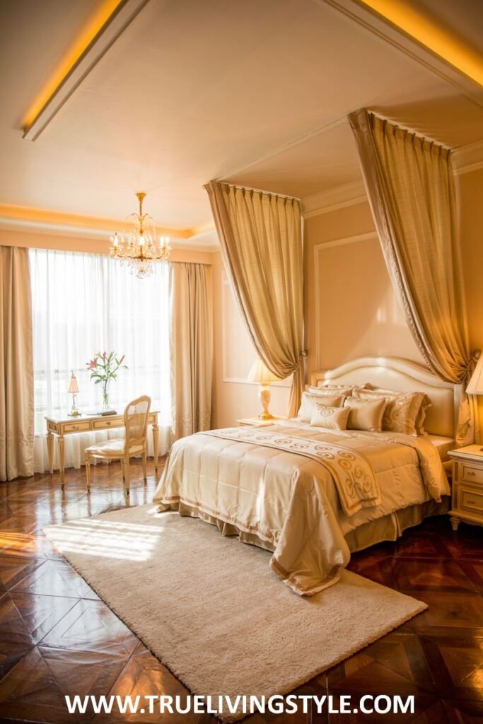 Luxurious guest bedroom with flowing canopy drapes, rich fabrics, a sophisticated color palette, comfortable bedding, and elegant lighting.