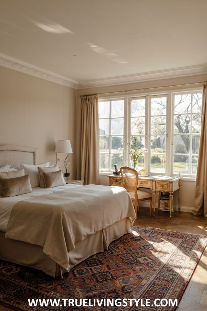 Warm and inviting guest bedroom with a small writing desk, comfortable bedding, warm neutral tones, and adequate lighting for the bed and desk.