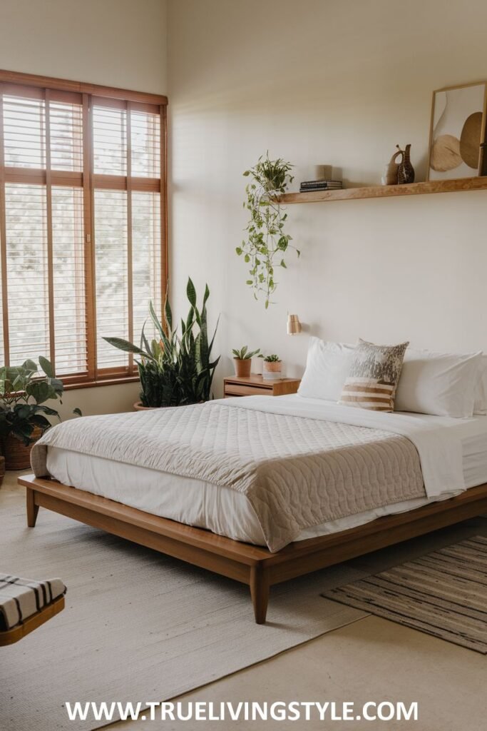 A bright and airy bedroom with an earthy feel, showcasing a low wooden bed frame, various potted green plants, wooden window blinds, and a light-colored rug.