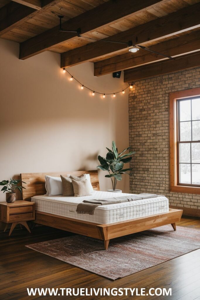 A bedroom with an earthy and slightly industrial design, featuring exposed wooden ceiling beams, a wooden bed frame, a brick wall, string lights, and various indoor plants.