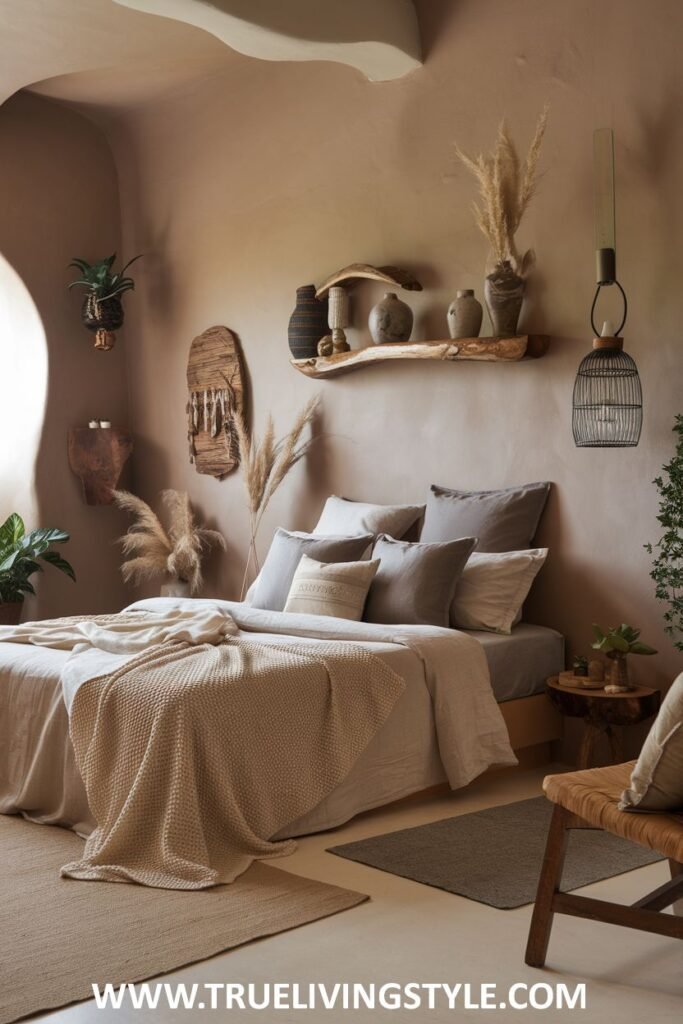 A bedroom with a strong earthy and organic feel, featuring textured walls, wooden floating shelves displaying pottery, a low bed with natural linens, and a woven rug.