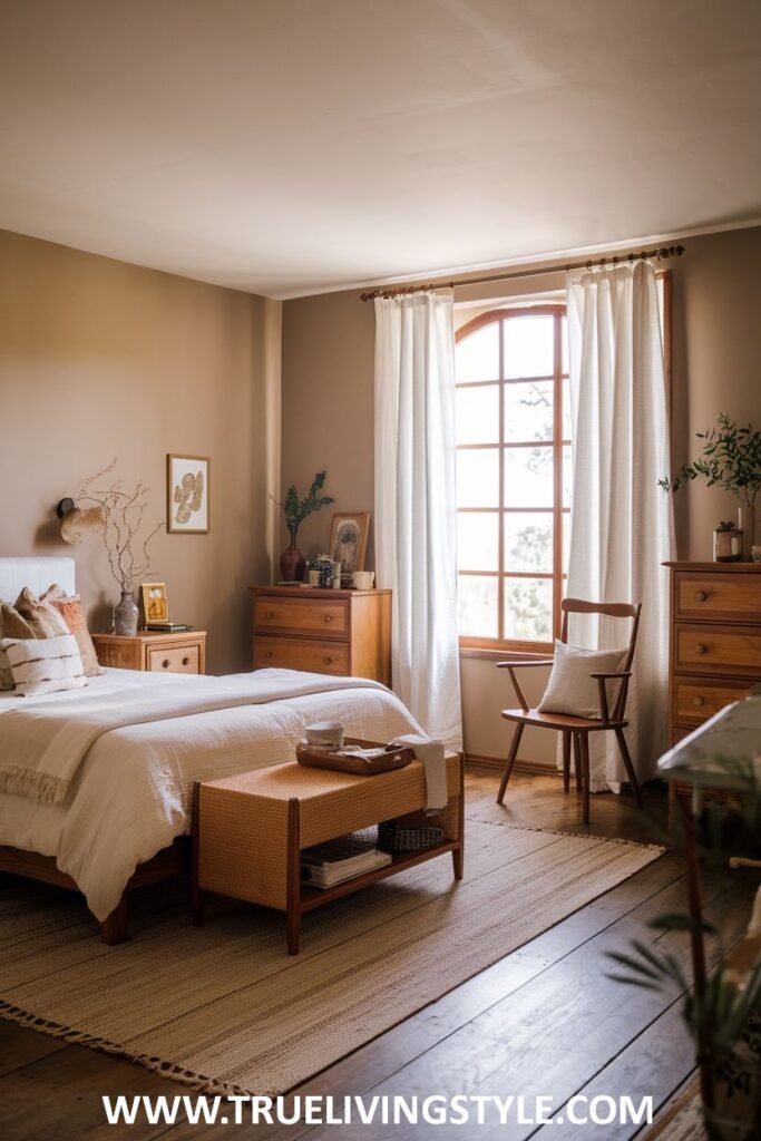 A light and earthy bedroom with wooden floors, wooden furniture including dressers and a chair, white curtains, and a woven rug.