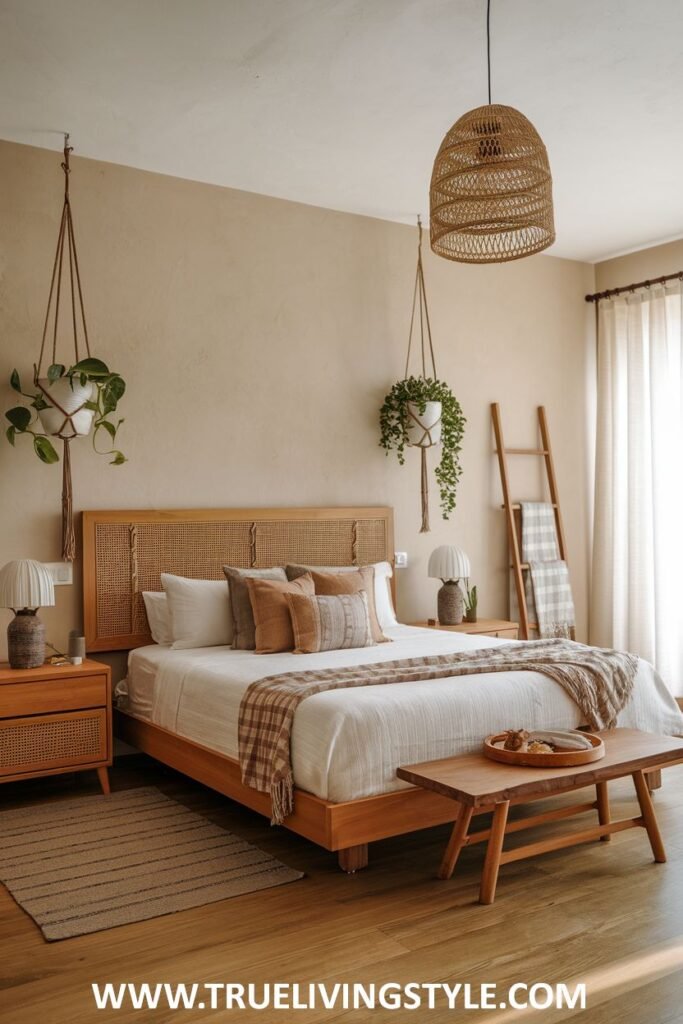 A bedroom with a natural and earthy aesthetic, featuring a rattan headboard, light wood bedside tables and bench, hanging potted plants, and a textured rug.