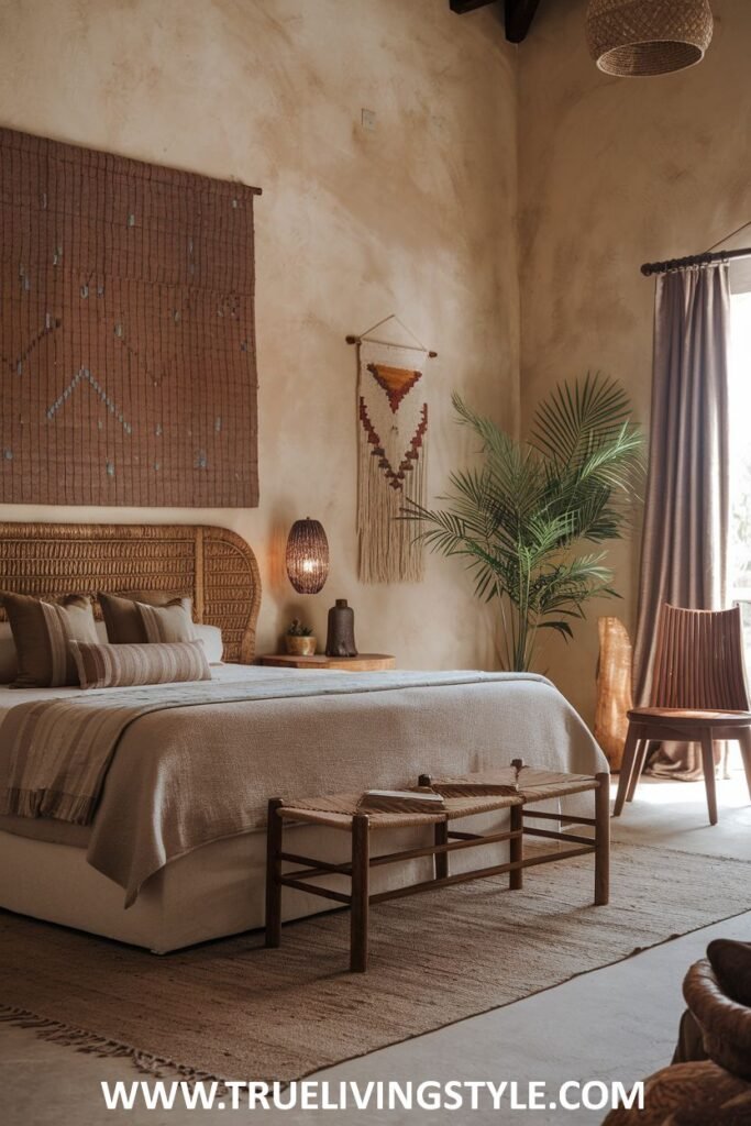 A bedroom with a warm and earthy atmosphere, showcasing textured walls, a rattan headboard, tapestries with natural patterns, wooden furniture, and a palm plant.