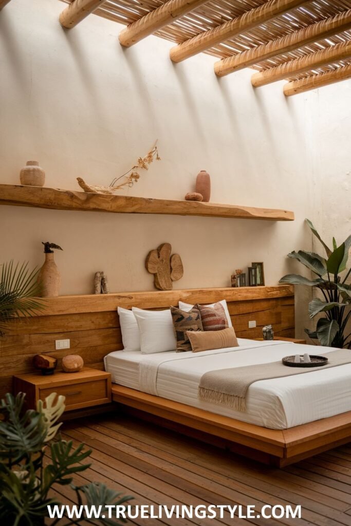 A bedroom with a distinctly earthy and natural design, featuring a low wooden platform bed, wooden paneled walls, floating wooden shelves with decorative pottery, and various indoor plants.
