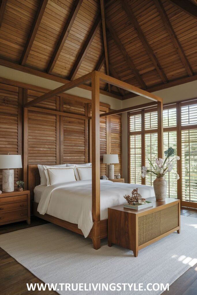 A grand bedroom with a rich earthy feel, featuring a wooden four-poster bed, wooden walls with shutters, wooden bedside tables, and a woven storage chest.