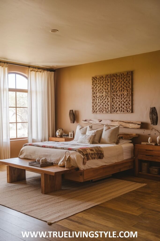 A bedroom with a grounded and earthy design, featuring a low wooden bed frame, rustic wooden bedside tables, a solid wooden bench, and carved wooden wall decor.