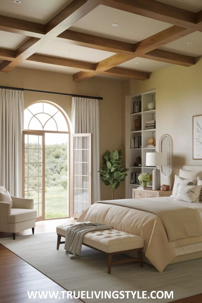 A light and airy bedroom with earthy accents, featuring exposed wooden ceiling beams, a large arched window with sheer curtains, a tufted ottoman at the foot of the bed, and neutral tones.