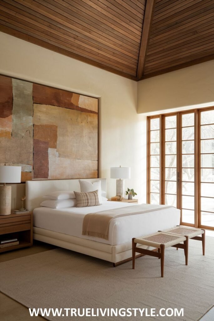 A spacious bedroom with an earthy and modern aesthetic, featuring a large abstract painting in warm tones above a white bed with wooden accents, bedside tables, and wooden benches.