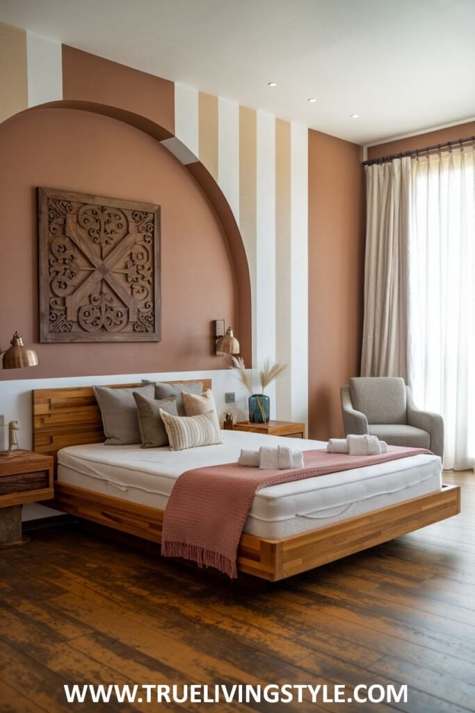 A bedroom with a unique and earthy design, featuring a wooden bed frame, an arched architectural detail on the wall with contrasting paint, wooden bedside tables, and warm tones.