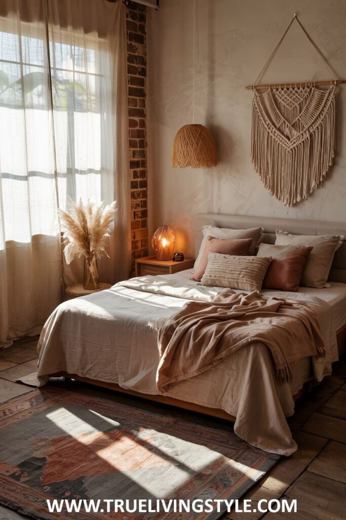 A bedroom with a cozy and earthy vibe, featuring an exposed brick wall, a macrame wall hanging, a wooden bedside table with a warm-toned lamp, and sunlight streaming through a window.