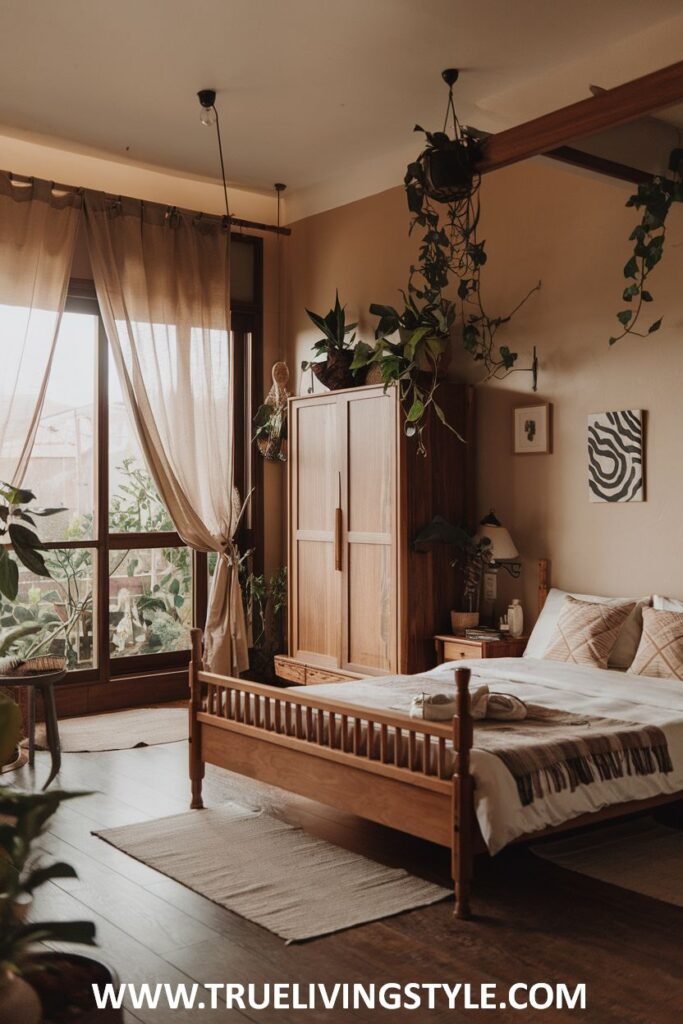 A bedroom with a natural and earthy ambiance, featuring a wooden bed frame, a wooden wardrobe, many thriving indoor plants, and soft light filtering through curtains.