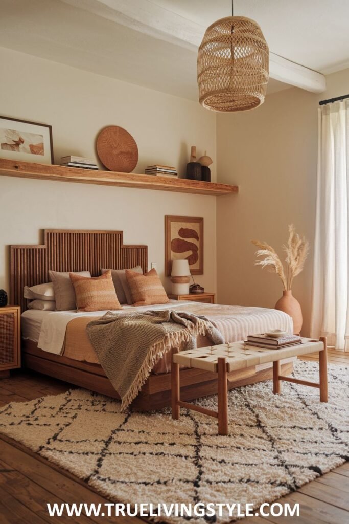 A bedroom with a relaxed and earthy style, featuring a wooden bed frame, wooden shelves with books and decor, a woven pendant light, and a geometric patterned rug.