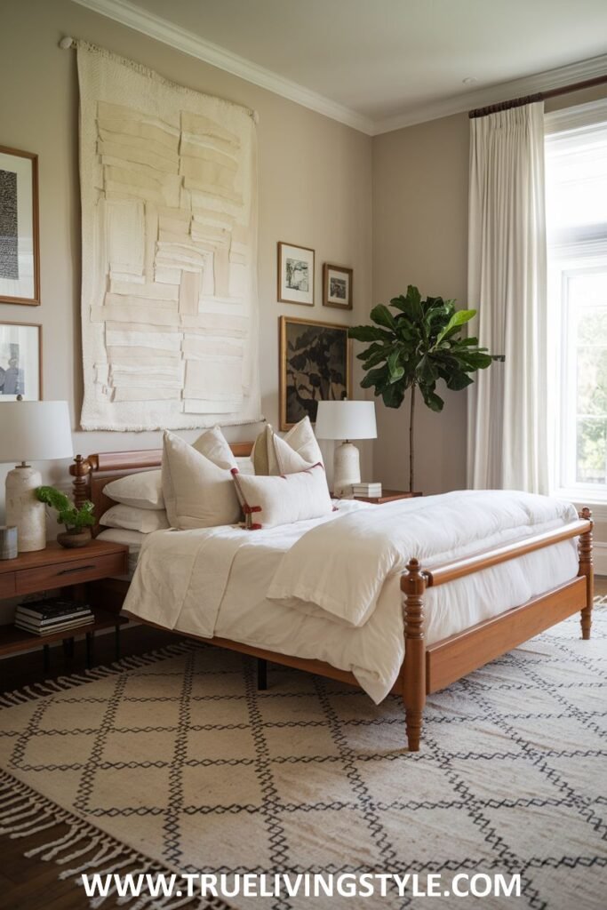 A serene bedroom with an earthy touch, featuring a classic wooden bed frame, white bedding, framed artwork on the wall, and a large leafy indoor plant.