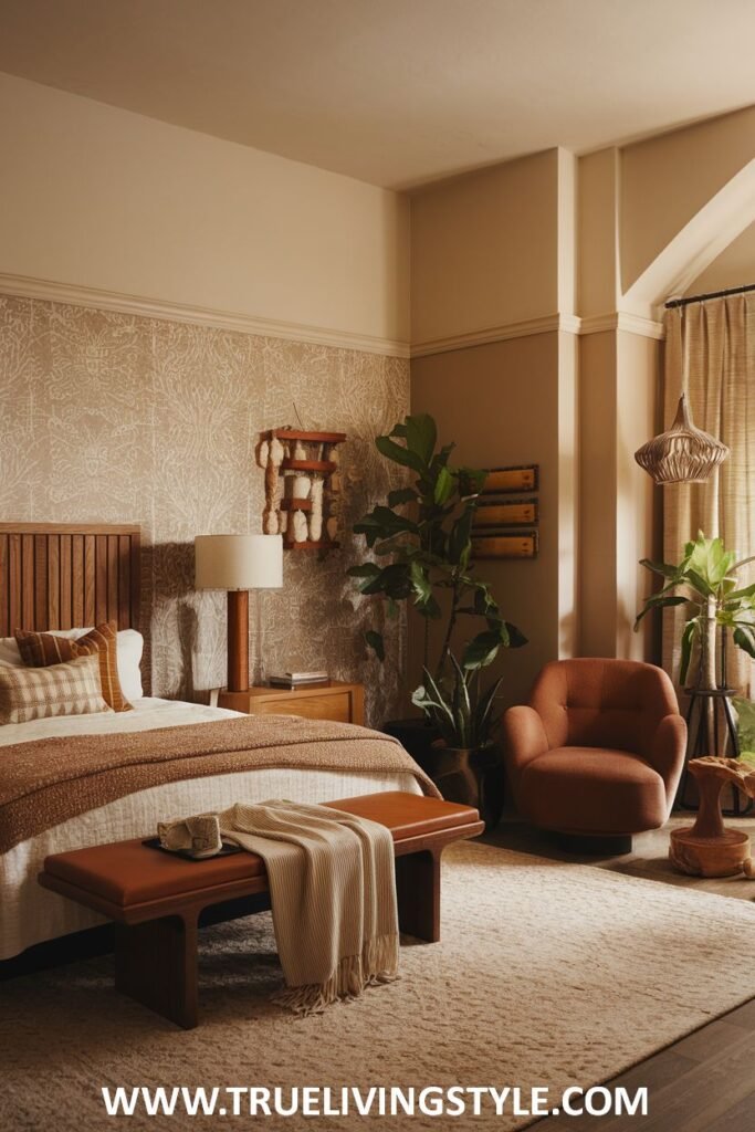 A comfortable bedroom with a warm and earthy feel, featuring a wooden slatted headboard, patterned wallpaper, a brown armchair, and a variety of indoor plants.
