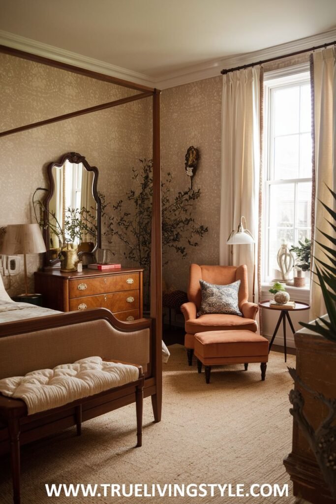 A traditionally styled bedroom with earthy undertones, featuring a four-poster bed, wooden furniture including a dresser and bench, an orange armchair, and a natural fiber rug.