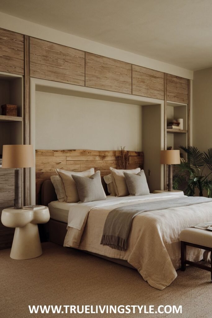 A modern bedroom with an earthy and natural aesthetic, featuring a low bed frame with a wooden headboard, built-in wooden storage units, and neutral-toned bedding and rug.
