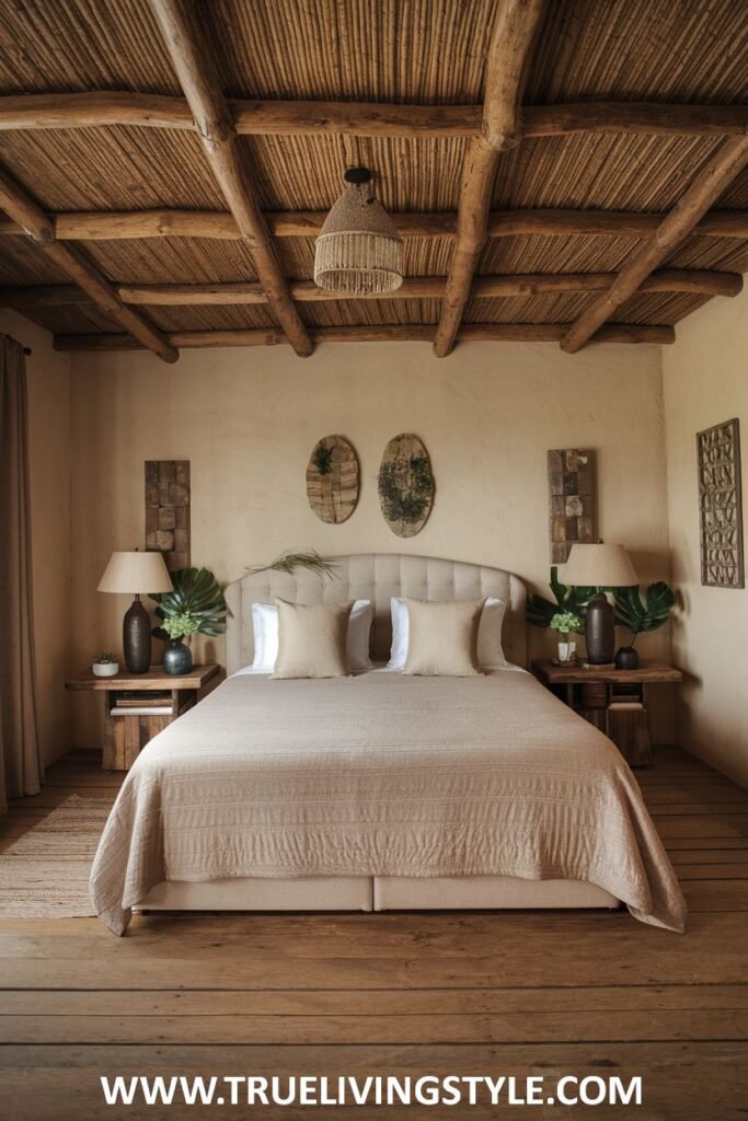 A bedroom with a strong earthy and organic vibe, featuring a low upholstered headboard, rustic wooden bedside tables, a bamboo-lined ceiling, and lush green plants.