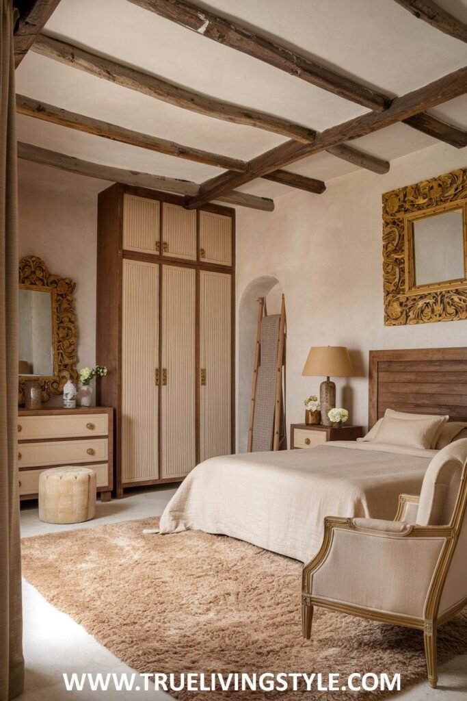 An earthy bedroom featuring exposed wooden ceiling beams, neutral-toned bedding, light wood furniture including a wardrobe and dresser, and a shaggy brown rug.