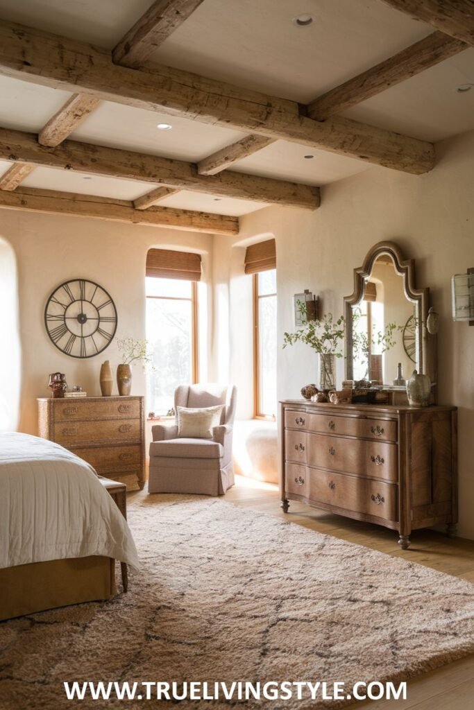 A bedroom with a distinctly earthy atmosphere, highlighted by exposed wooden ceiling beams, wooden dressers, a tall mirror with a wooden frame, a large metal wall clock, and a textured rug.