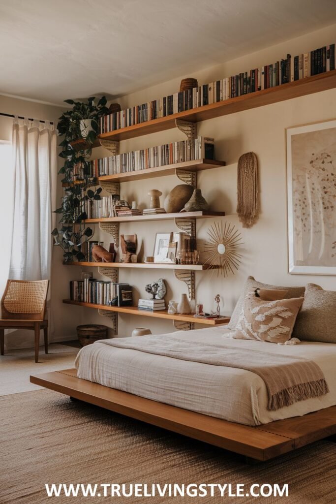 An earthy and bohemian-inspired bedroom with a low wooden platform bed, numerous wooden shelves filled with books and decor, hanging and potted plants, and a textured rug.