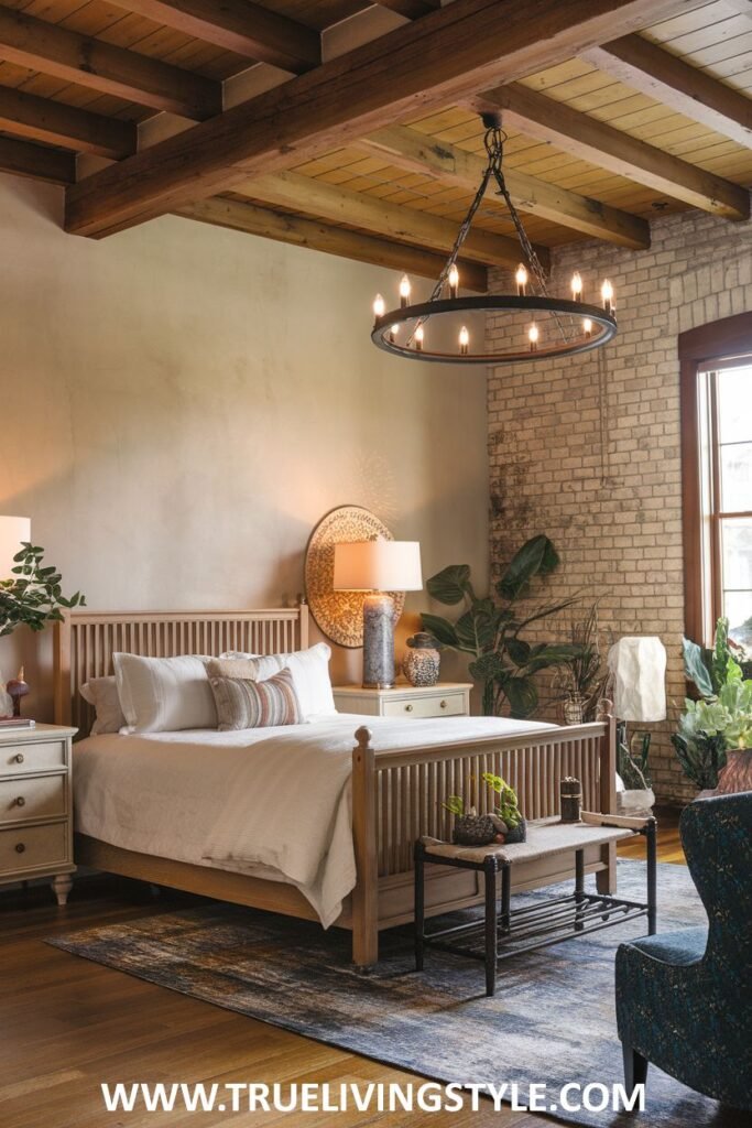 A bedroom with a blend of industrial and earthy elements, featuring exposed wooden ceiling beams, a wooden slatted bed frame, a brick wall, various indoor plants, and a patterned rug.