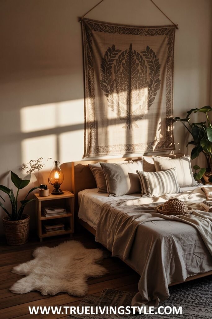 A cozy bedroom with an earthy and natural vibe, showcasing a low wooden bed frame, a textured tapestry hanging above the bed, wooden bedside tables, and indoor plants illuminated by warm light.