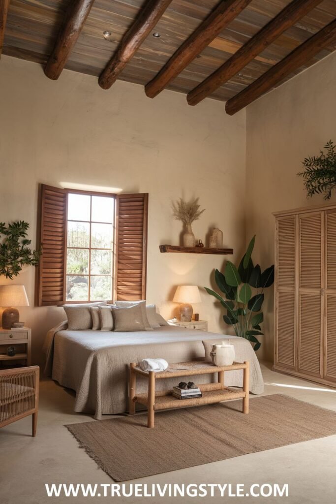 An earthy and rustic bedroom featuring exposed wooden ceiling beams, light wood slatted wardrobe and other furniture, a window with wooden shutters, and various green plants.