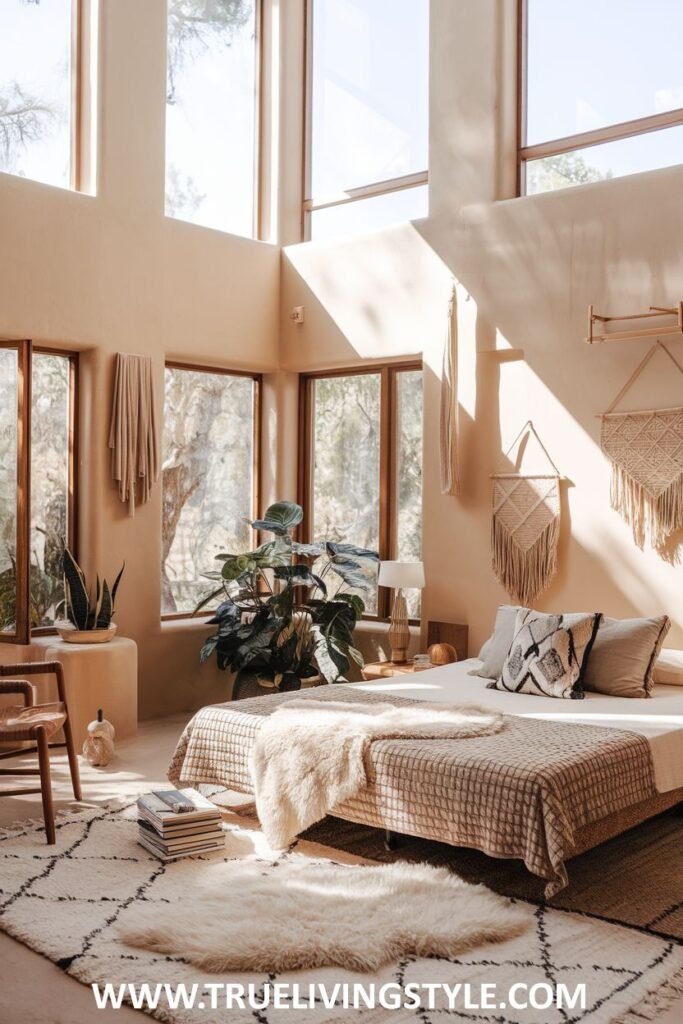 A bright and open bedroom with an earthy and bohemian feel, featuring high windows, a low platform bed, various indoor plants, and macrame wall decorations.