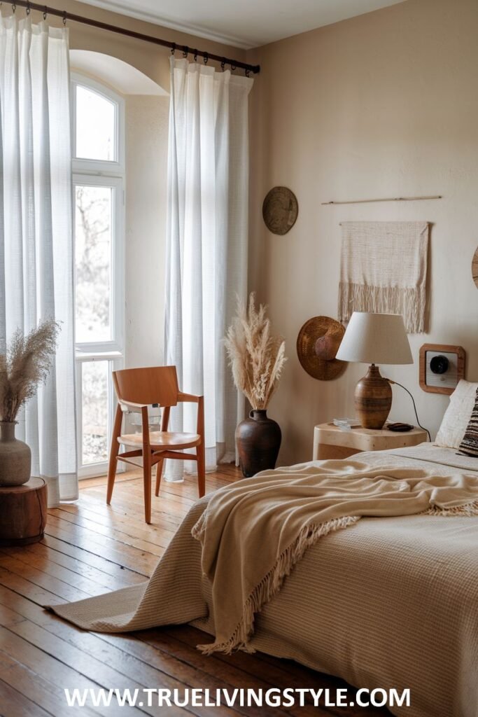 A simple bedroom with an earthy and natural touch, featuring wooden floors, white curtains, a wooden chair, a woven rug, and neutral tones.