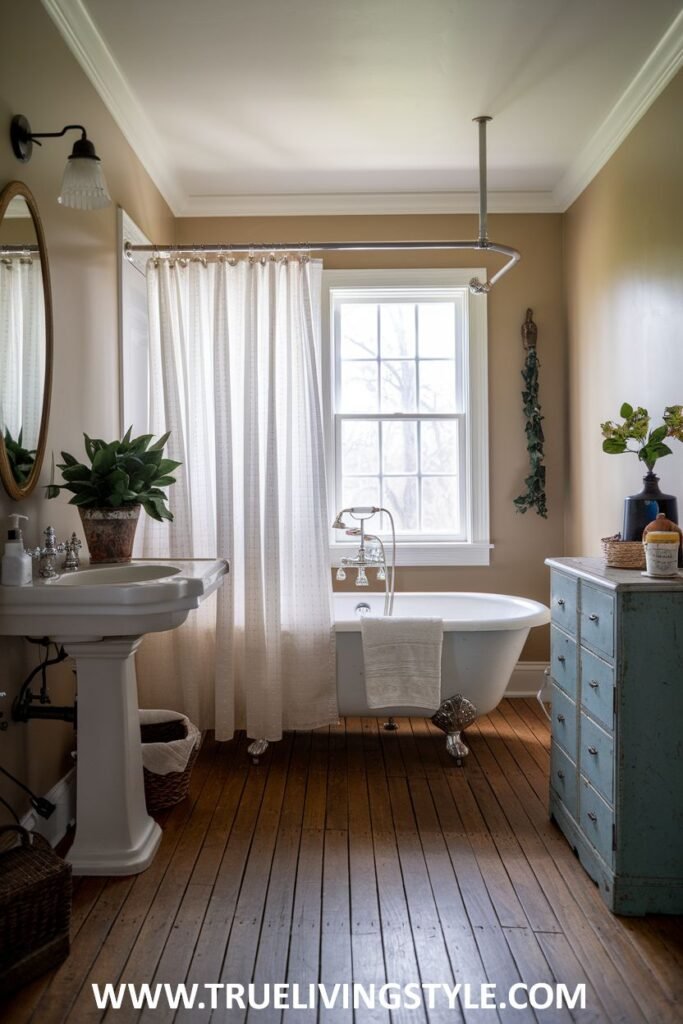 Farmhouse bathroom with a white clawfoot tub with a shower curtain on a curved rod, a white pedestal sink, a toilet, wide wood plank flooring, light beige walls, and a blue dresser used for storage.