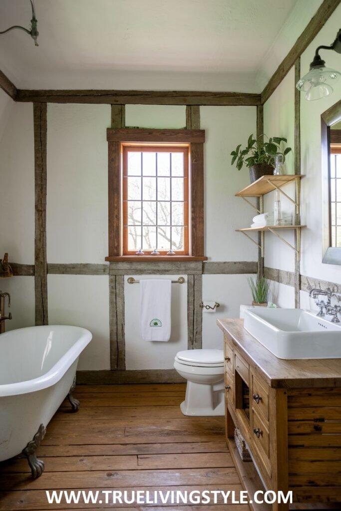Rustic farmhouse bathroom with a white clawfoot tub, a wooden vanity with a white countertop and open shelving, a white toilet, wood plank flooring, white walls, and exposed wooden beams framing a window.
