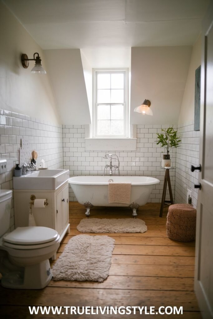Cozy farmhouse bathroom in an attic with a white clawfoot tub, a small white vanity with a drawer, a toilet, white tiled walls, a small window, and wood plank flooring with a sheepskin rug.