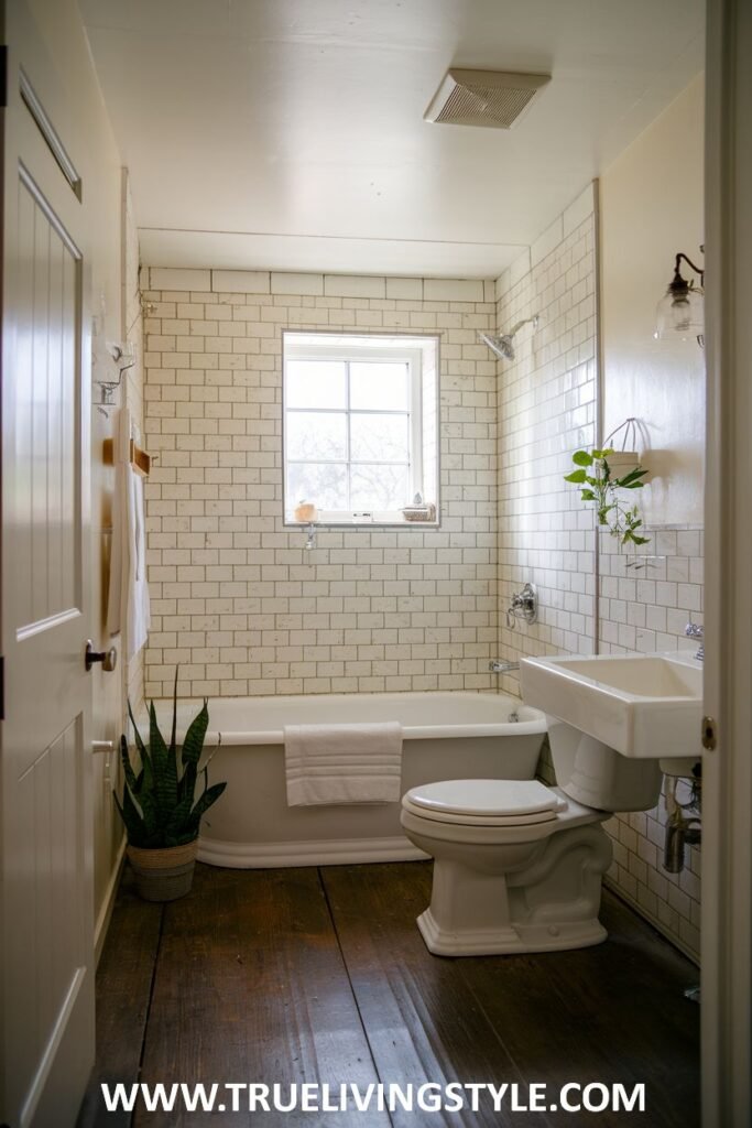 Simple farmhouse bathroom with a white built-in tub and shower with a chrome fixture, a white wall-mounted sink, a white toilet, white subway tiled walls, a window, and wood plank flooring.