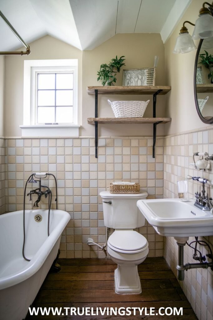 Farmhouse bathroom with a white clawfoot tub, a white pedestal sink, a white toilet, cream and light brown tiled walls, a window, and wood plank flooring with rustic wooden shelves for storage.