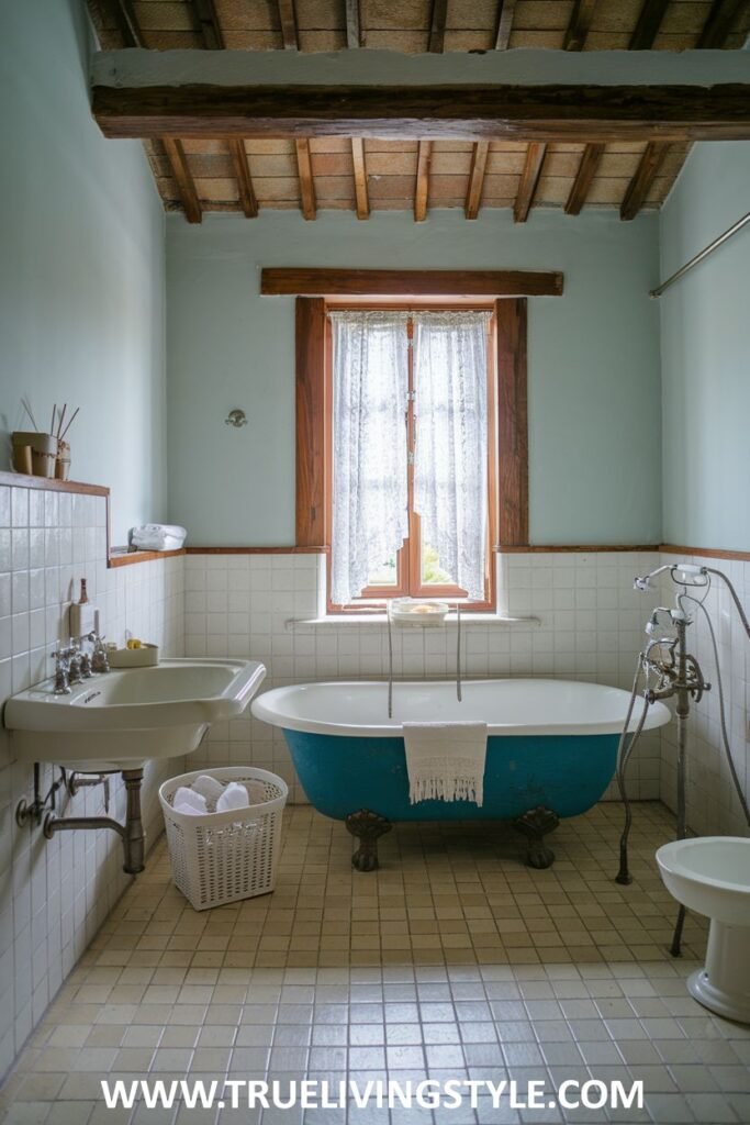 Farmhouse bathroom with a blue clawfoot tub, a white wall-mounted sink, a white toilet, light beige and white tiled walls, a window with a lace curtain, and light-colored tiled flooring.