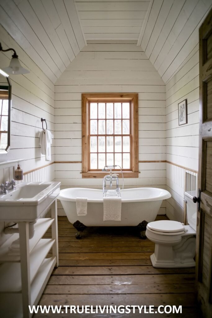 Farmhouse bathroom with a white clawfoot tub, a white pedestal sink, a white toilet, white shiplap walls and ceiling, a wooden-framed window, and wide wood plank flooring.