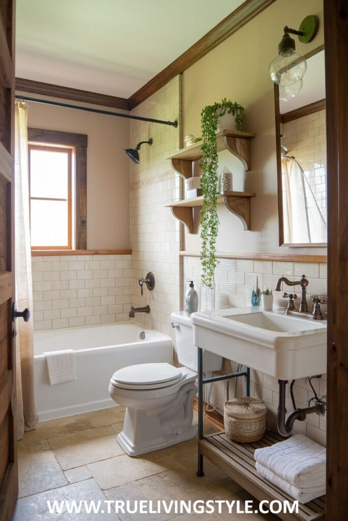 Farmhouse bathroom with a white standard tub and shower with a chrome fixture, a white pedestal sink with a metal stand and wooden shelf, a white toilet, off-white tiled walls, a window, and light stone-look flooring with open wooden shelves.