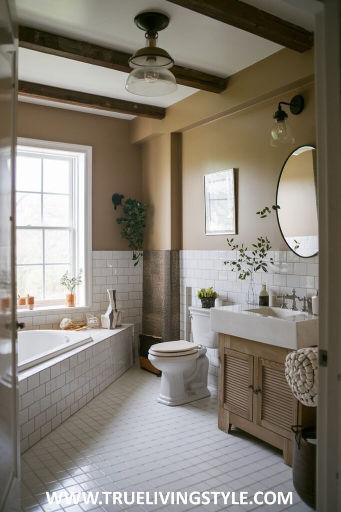 Farmhouse bathroom with a white built-in soaking tub, a light wood vanity with a white stone countertop and louvered doors, a toilet, white subway tiles on the lower walls, and white tiled flooring.