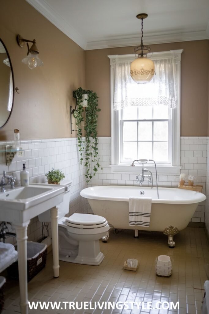 Farmhouse bathroom with a white clawfoot tub, a white pedestal sink with metal legs, a white toilet, light brown walls, a window with a lace valance, and light-colored tiled flooring.