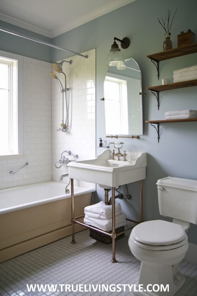 Farmhouse bathroom with a beige standard tub and shower with a chrome fixture, a white pedestal sink with a metal stand, a white toilet, light blue painted walls, a window, and small gray and white tiled flooring with open wooden shelves.
