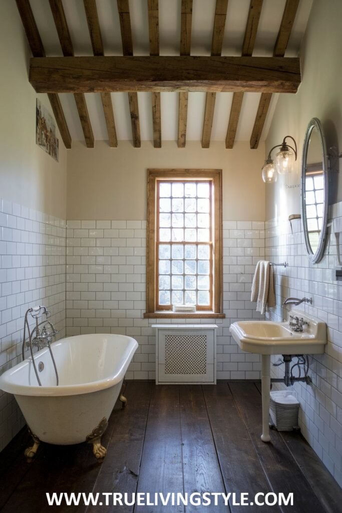 Rustic farmhouse bathroom with a white clawfoot tub with gold feet, a white wall-mounted sink, a white toilet, white subway tiled walls, a window with a wooden frame and a radiator cover, exposed wooden ceiling beams, and dark wood plank flooring.