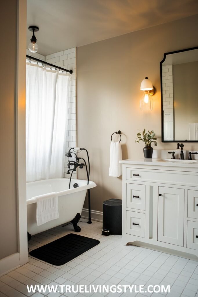 Farmhouse bathroom with a white freestanding tub with a black gooseneck faucet and a white shower curtain, a white vanity with drawers and a black countertop, a round mirror with a black frame, a toilet, light beige walls, and white tiled flooring.