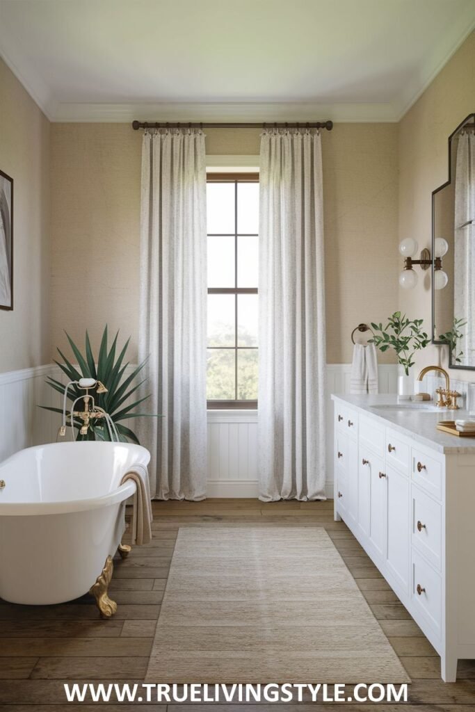 Bright farmhouse bathroom with a white clawfoot tub featuring gold fixtures, a white double vanity with gold hardware and a marble countertop, a large window with patterned curtains, and a woven rug on wooden floors.