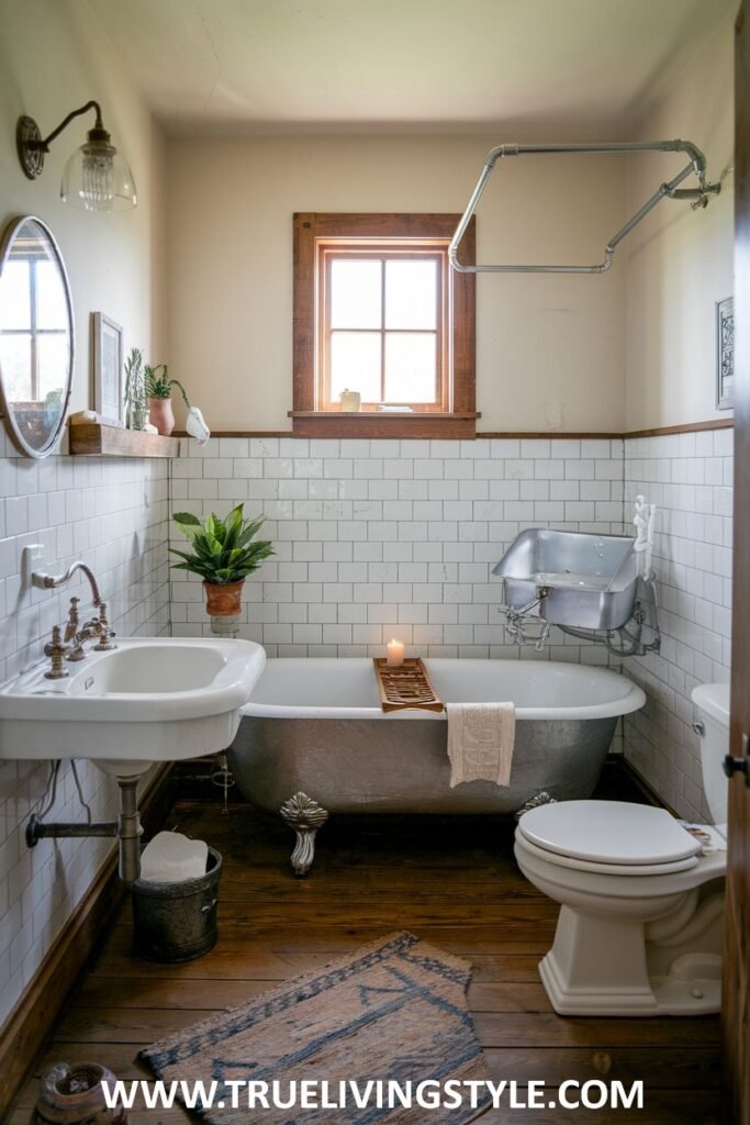 Cozy farmhouse bathroom with a silver clawfoot tub, a white pedestal sink, a toilet, white subway tile walls, a wooden window frame, and wood plank flooring with a small patterned rug.