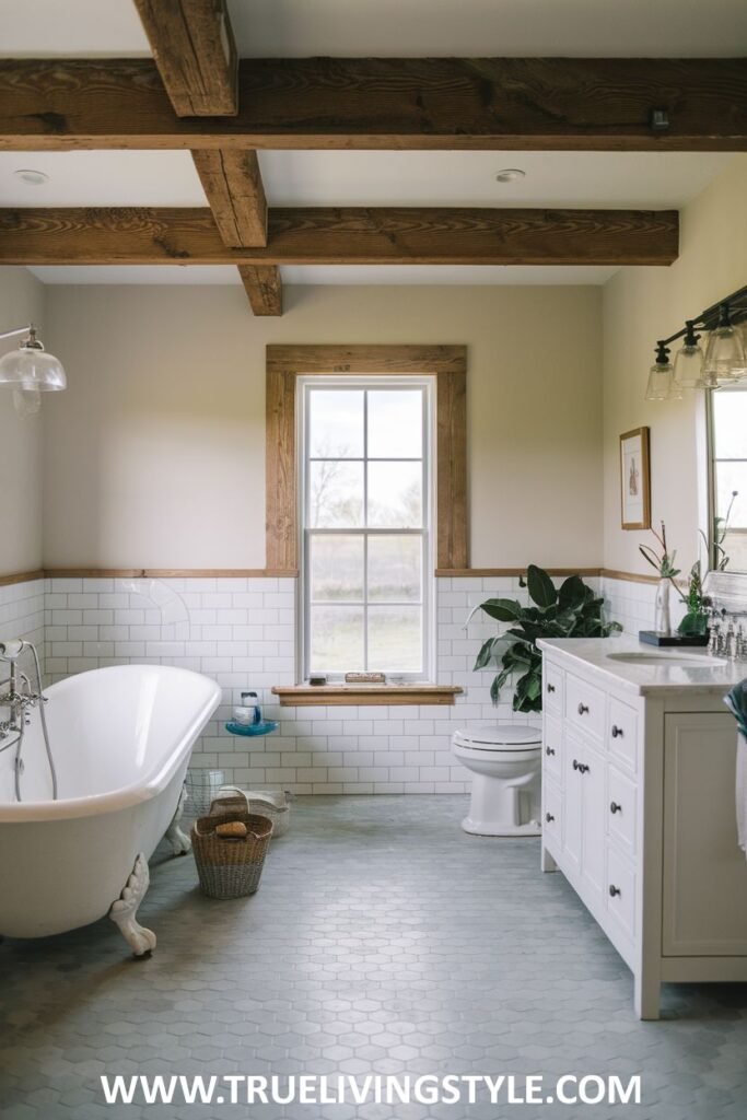 Rustic farmhouse bathroom featuring exposed wooden ceiling beams, a white clawfoot tub, a white vanity with a white countertop, a toilet, white subway tiles on the lower walls, and hexagonal gray floor tiles.