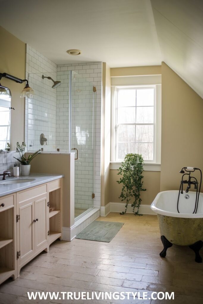 Farmhouse bathroom in an attic space with a beige clawfoot tub, a glass-enclosed shower, a light wood vanity with drawers, a toilet, a window, and light-colored tiled flooring.