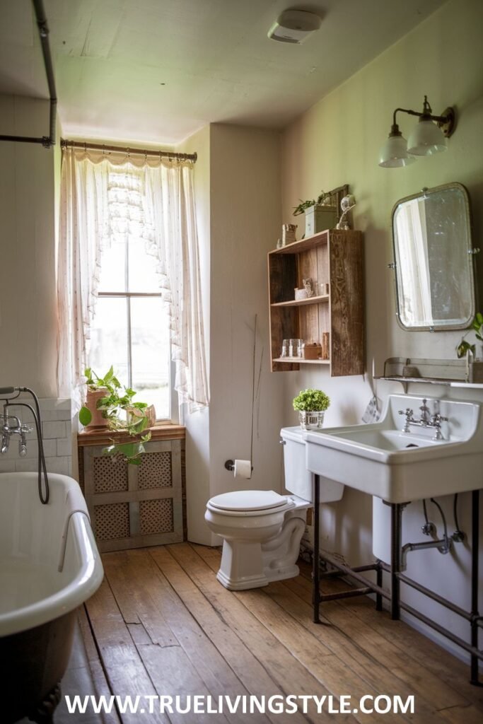 Vintage farmhouse bathroom with a dark-colored clawfoot tub, a white wall-mounted sink with metal legs, a high-tank toilet, wood plank flooring, and aged light green walls.